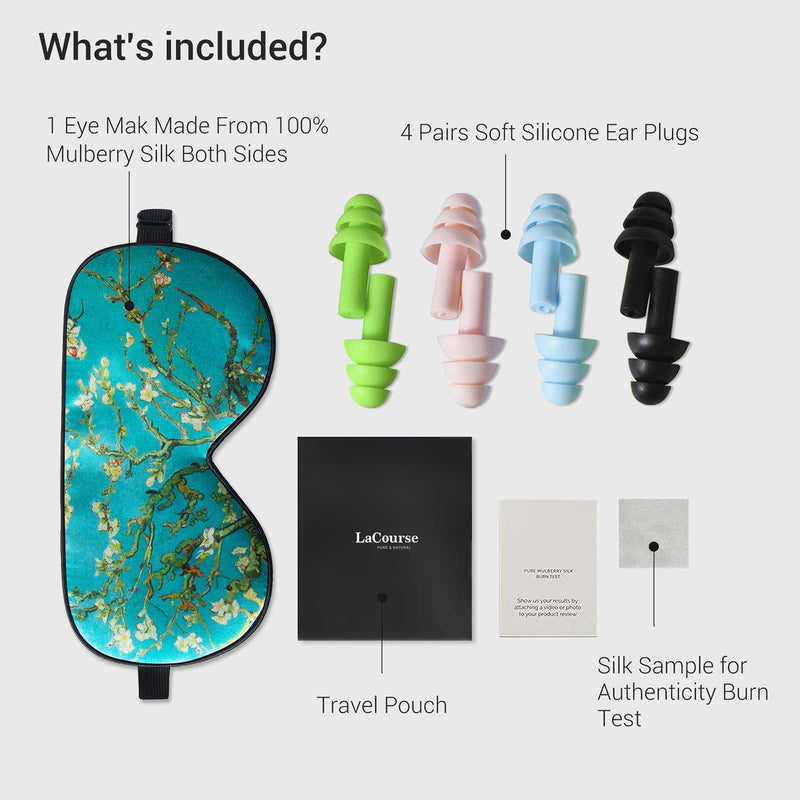 LaCourse 100% Natural Mulberry Silk Eye Mask for Sleeping with 4Pair EarPlugs & Travel Pouch, Both Sides 19 Momme Organic Silk, Adjustable Silk Sleep Eye Mask for Women, Green-Floral Green Floral With 4pair Earplugs - NewNest Australia