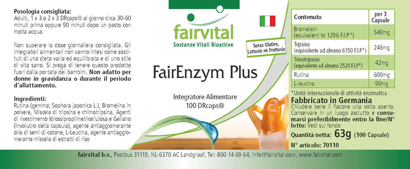 Fairvital | FairEnzym Plus - Multi Enzyme Complex - with Rutoside, Bromelain, Trypsin & Chymotrypsin HIGH DOSE - 100 DRCaps™ - NewNest Australia