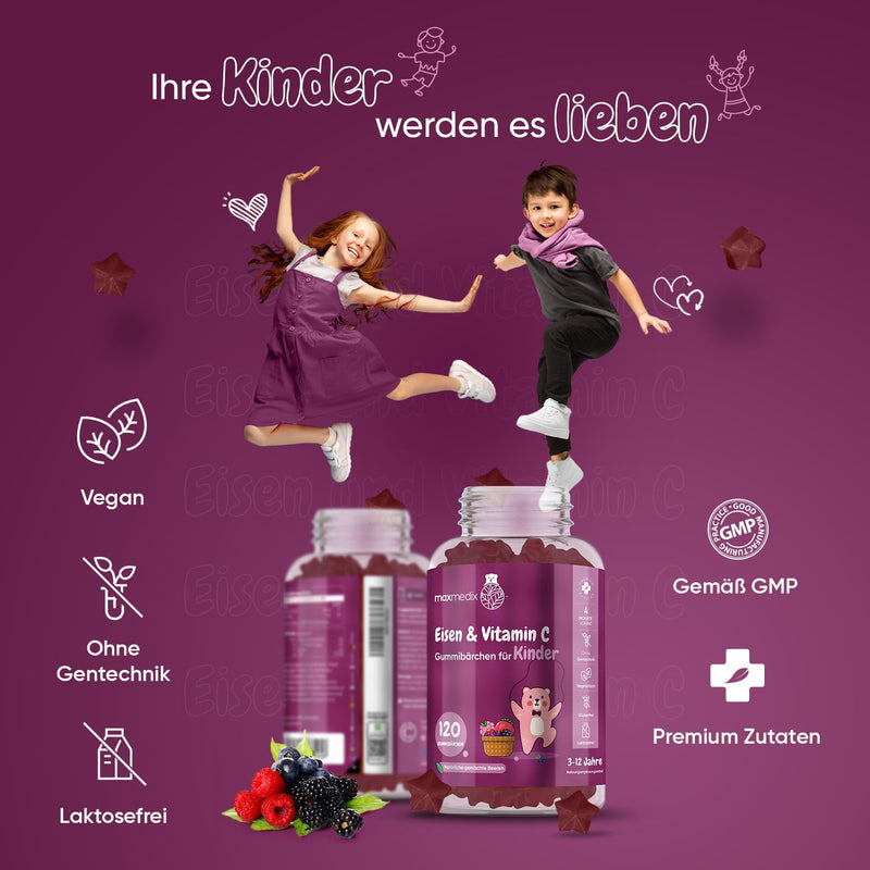 Iron & Vitamin C for Children - 7mg Iron - 4 Month Supply - Increase Iron Absorption with 10mg Vitamin C - Vegan Gummy Bears with Berry Flavor - Immune System, Bones, Teeth & Growth - maxmedix - NewNest Australia