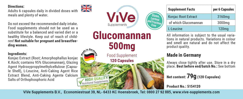 Glucomannan 500mg - 120 vegan capsules made from konjac root extract - natural swelling agent, fiber | Quality from Germany from ViVe Supplements - NewNest Australia