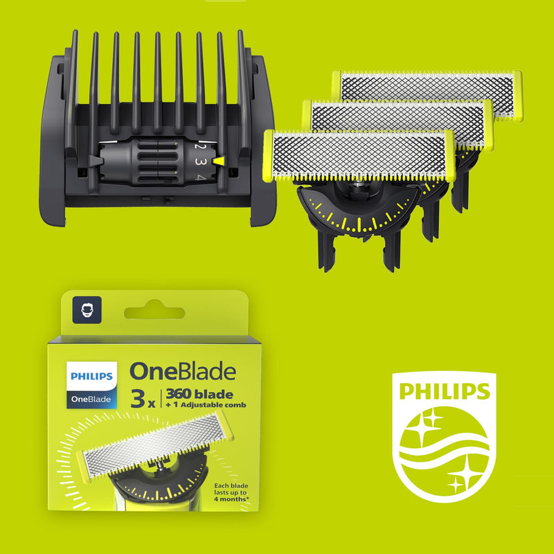 Philips OneBlade 360 Replacement Blade for OneBlade Electric Shaver and Long Hair Trimmer, with Adjustable 5-in-1 Comb for Trimming, Styling and Shaving, Pack of 3 (Model QP437/50) [NEW] 3 x 360 blades & 5-in-1 trimming attachment - NewNest Australia