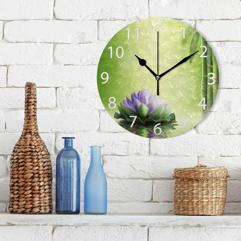 NewNest Australia - senya Zen Garden Theme Decor Purple Lotus Round Wall Clock, Silent Non Ticking Oil Painting Decorative for Home Office School Clock Art Color 7 