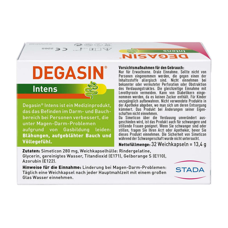 DEGASIN Intens - high-dose preparation with 280 mg simeticone - relieves flatulence, gastrointestinal problems and a feeling of fullness - 1 x 32 soft capsules - NewNest Australia