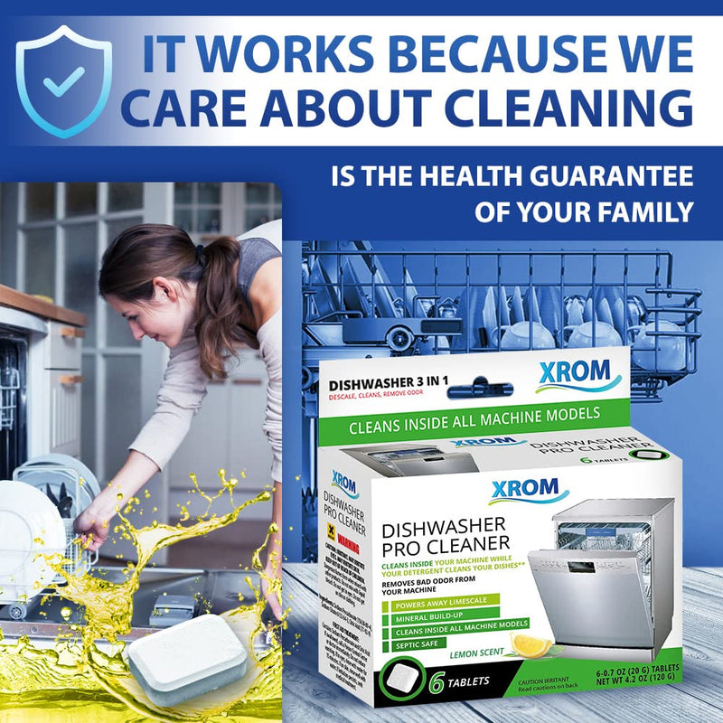 XROM High Efficiency Natural Dishwasher Cleaner 3 in 1 Formula, Removes Odors, Limescale & Detergent Build-Up, Contains 100% More Grease Removal Actives, Removes Hard Water Stains, Powerful Descaling, 6 Ct (Lemon Scent) Lemon - NewNest Australia