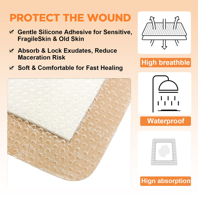 Carbou 10Pcs Silicone Foam Dressing 4"x 4"(10 cm x 10 cm) - with Border Adhesive Waterproof Central Ultra Absorbent-Foam (2.5" X 2.5") Square Dressing Waterproof Silicone Wound Bandage 4x4 Inch(Pack of 10) - NewNest Australia