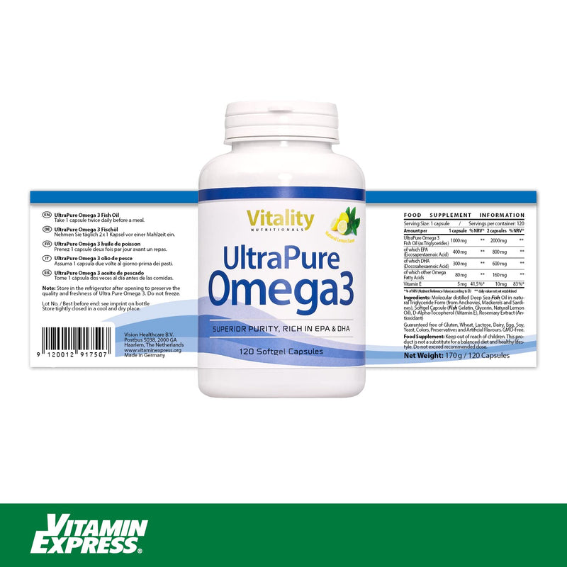 Ultrapure Omega 3 Epa/Dha Capsules, High Dosage, High Bioavailability, 120 Fish Oil Capsules, Vitamin E, Essential Fatty Acids Without Belching, Healthy Heart, Vitality Nutritionals By Vitaminexpress - NewNest Australia