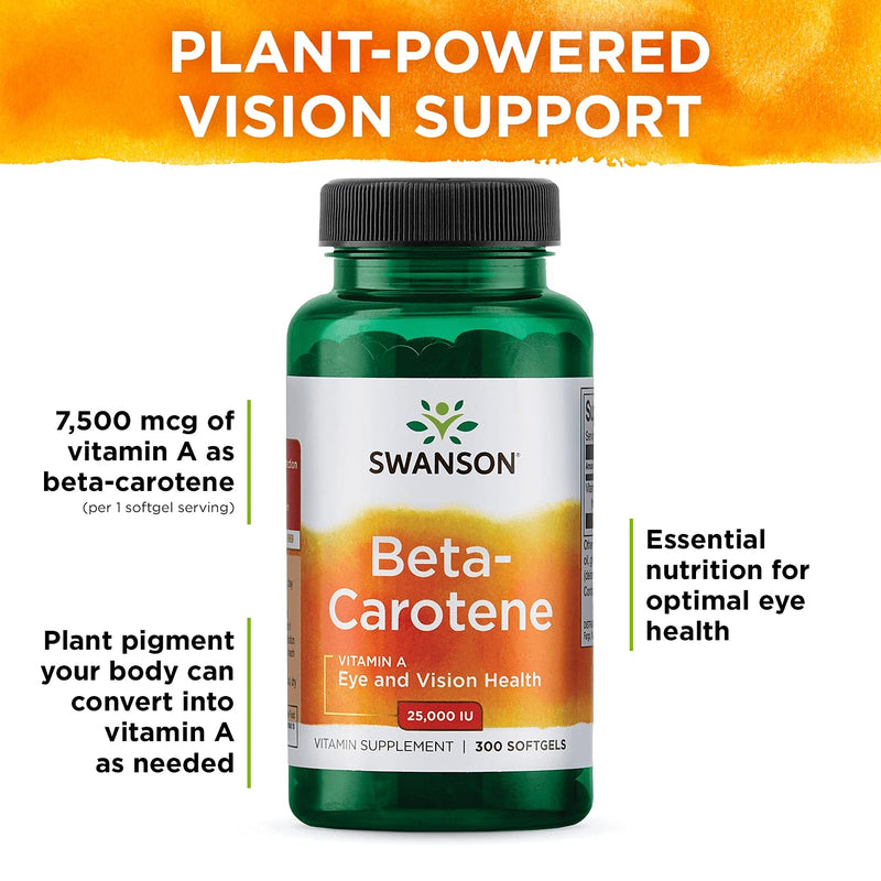 Swanson Beta-Carotene Vitamin A 25000 IU Skin Eye Immune System Health Antioxidant Support 7500 mcg 300 Softgels Count 1 - NewNest Australia