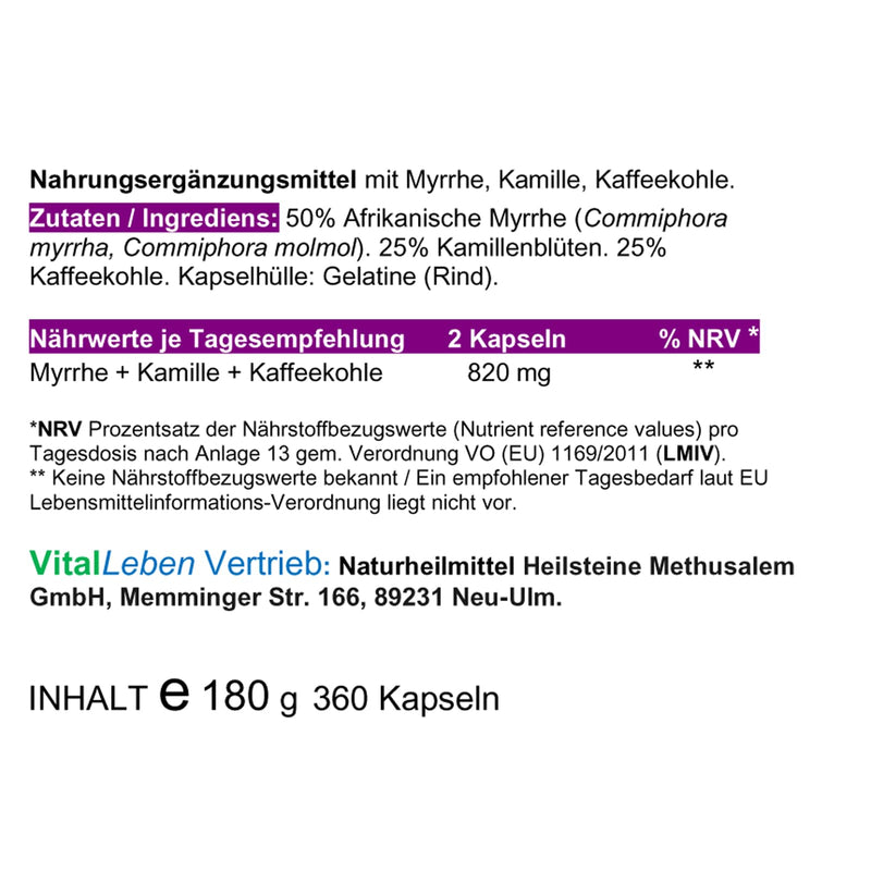 MYRRH + CHAMOMILE + COFFEE CHARCOAL 360 powder capsules for the stressed intestine according to AYURVEDA and Hildegard von Bingen - pure NATURE - WITHOUT ADDITIVES [6 months] 27160-360 360 pieces (pack of 1) - NewNest Australia
