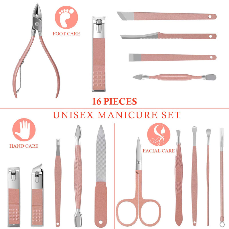 Manicure Set Glamour Gaze Manicure Pedicure Kit Nail Clippers 16 in 1 Professional Stainless Steel Cuticle trimmer Grooming Kit for Men Women with Storage Travel Case Pink - NewNest Australia