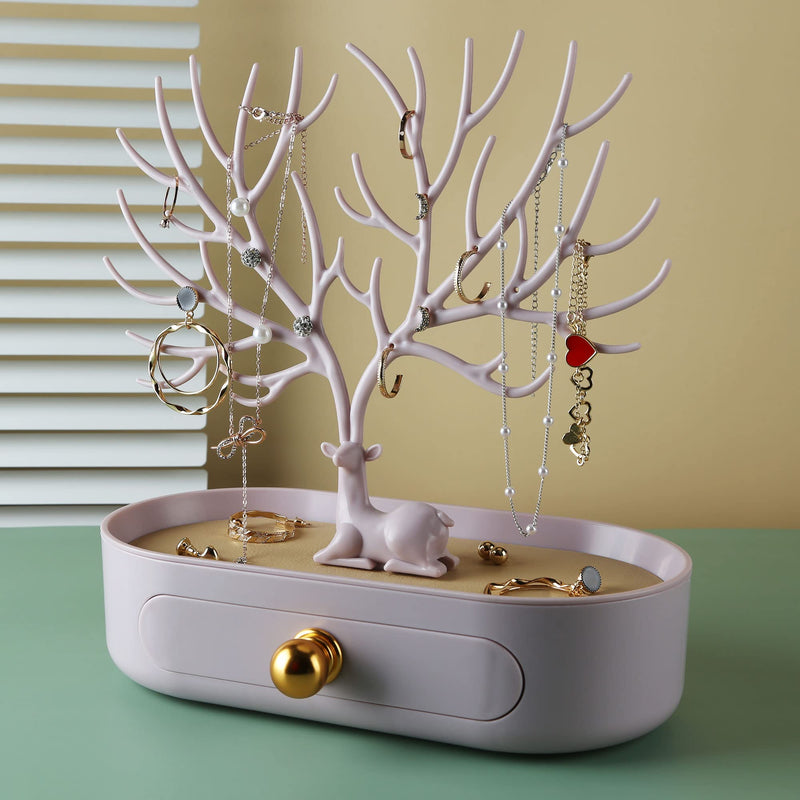 Jewelry Display Stand with Aluminium alloy handle, Tree Tower Rack Hanging Organizer for Ring Earrings Necklace Bracelet, Deer Horn Tree Stand with Storage Drawer and Tray LIGNT PINK - NewNest Australia