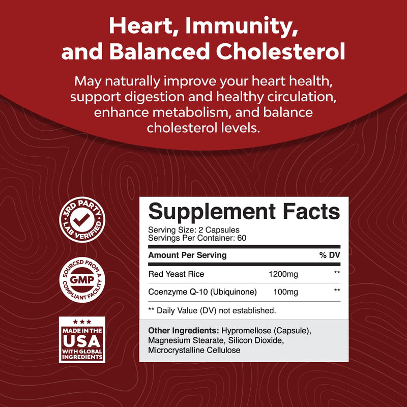 Red Yeast Rice with CoQ10 Supplement - Extra Strength Citrinin-Free Red Yeast Rice 1200mg with CoQ10 100mg Heart Health and Cholesterol Supplement for Men and Women - 120 Daily Veggie Capsules - NewNest Australia