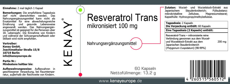 Resveratrol micronized - 100 mg per daily dose - 60 capsules KENAY EUROPE 60 pieces (pack of 1) - NewNest Australia