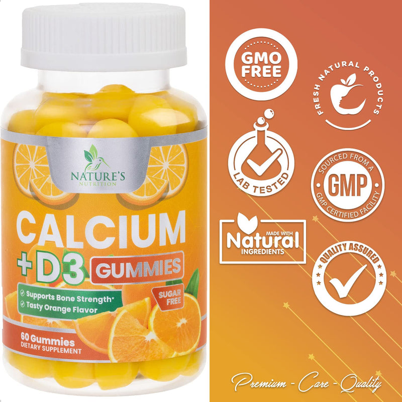 Calcium Gummies Sugar Free with Vitamin D3 - Highly Concentrated Calcium Carbonate and Vitamin D Gummy Chews Support Bones and Teeth - Non-GMO, Tasty Orange Flavor, for Everyone - 60 Gummies 60 Count (Pack of 1) - NewNest Australia