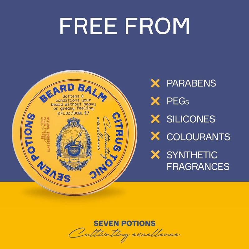 Seven Potions Beard Balm for Men — Conditioning Beard Softener to Nourish Skin, Facial Hair, and Stop Beard Itch — All-Natural, Vegan, Cruelty Free — Citrus Tonic (60ml) - NewNest Australia