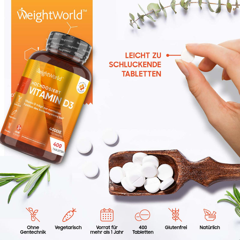 Weightworld Vitamin D3 Tablets, 4000 Iu - 400 Tablets - 1 Tablet Every 4 Days - Vegetarian & Tested Ingredients - 100% Pure Cholecalciferol Vit D - Dietary Supplement For Young & Old - NewNest Australia