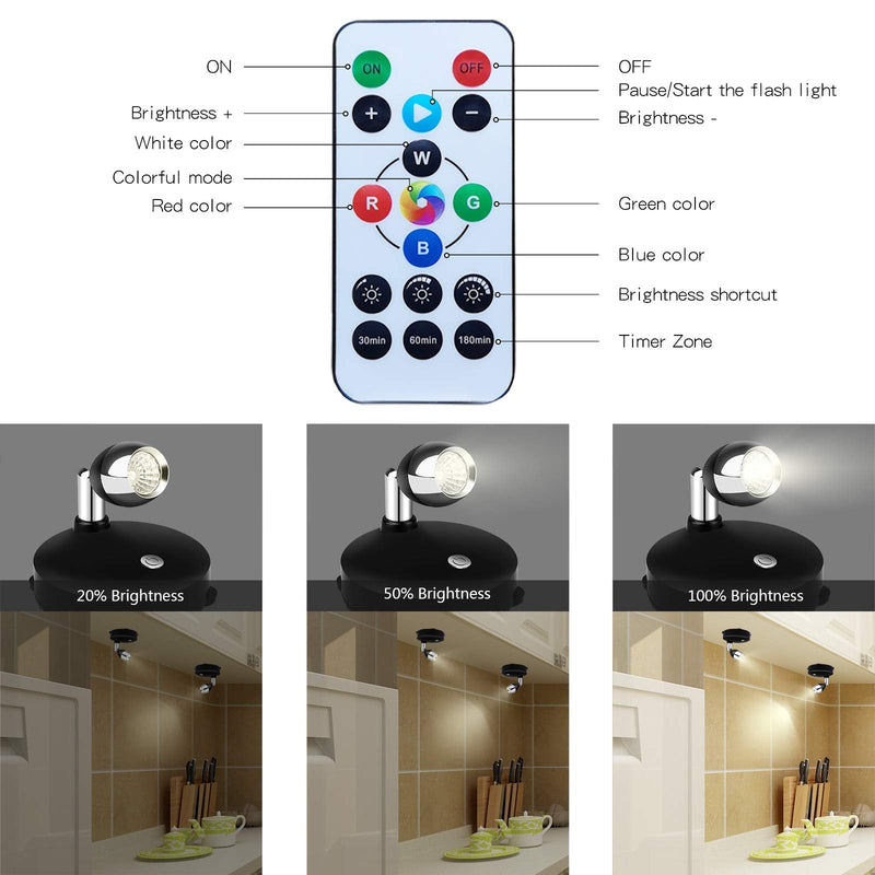 LEASTYLE Wireless Spotlight Battery Operated Spot Light Up Lights Indoor Mini Accent Lights Dimmable Art Lights LED Spotlights with Remote Stick on Anywhere Rotatable Wall Light ( RGB 2 Pack ) - NewNest Australia