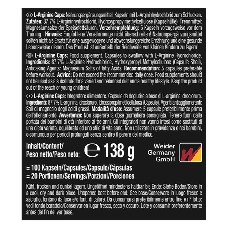 Weider L-Arginine Capsules High Dosage With 5,000 Mg Arginine Per Serving, Pre-Workout Amino Acid Capsules With Bioavailable, Plant-Based Arginine Hcl, Vegan, 100 Capsules - NewNest Australia