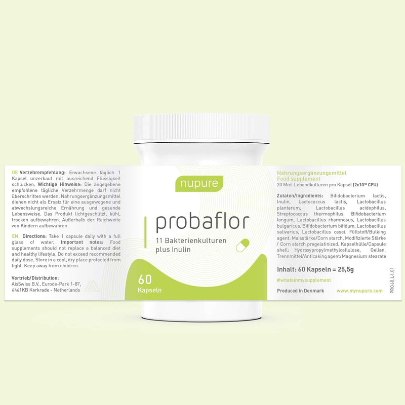 Nupure® Probaflor, 60 capsules, 11 selected strains of lactic acid bacteria and bifidobacteria, 20 billion CFU bacteria, with inulin and Lactobacillus salivarius SP2, gastro-resistant capsule shell, vegan - NewNest Australia
