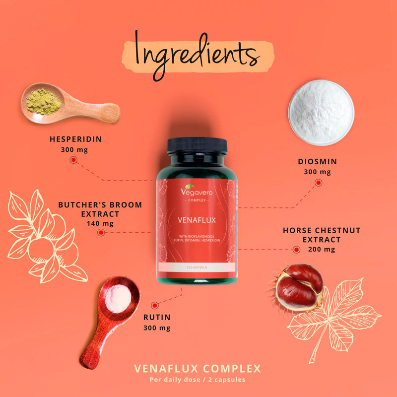 Circulation Booster Vegavero® | with Diosmin, Hesperidin, Rutin, Horse Chestnut & Butcher’s Broom | 120 Capsules | Leg Circulation, Haemorrhoids & Varicose Veins Relief | Vegan - NewNest Australia