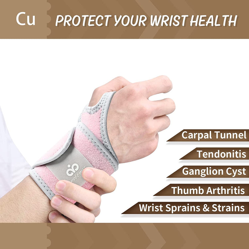 INDEEMAX Copper Carpal Tunnel Wrist Brace 2 Pack, Adjustable Wrist Support Braces for Pain Relief, Arthritis, Tendonitis, Men and Women Compression Wraps Straps for Right and Left Hand Bands Pink - NewNest Australia