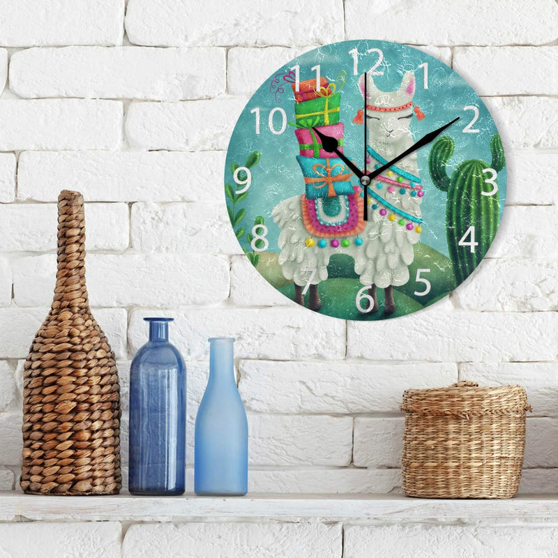 NewNest Australia - senya Cute Llama Round Wall Clock, Silent Non Ticking Oil Painting Decorative for Home Office School Clock Art Color 8 