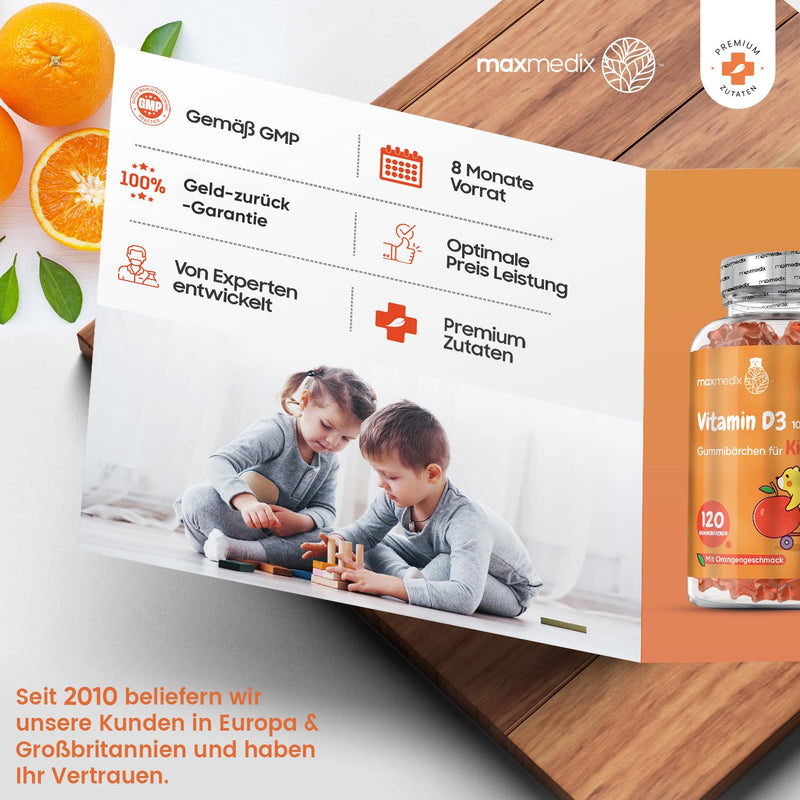 Vitamin D3 children's gummy bears 1000 IU - alternative to tablets & drops - 8 month supply - bones, teeth & immune system (EFSA) - 120 star-shaped pieces - 1 gummy every 2 days - orange flavor - NewNest Australia