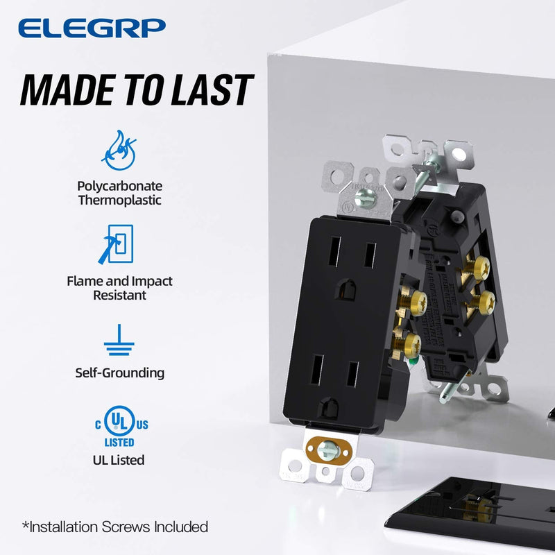 ELEGRP Decorator Receptacle, 15A 125V Standard Electrical Wall Outlet, 2 Pole 3 Wire, No-Tamper Resistant, NEMA 5-15R, Self-Grounding Residential Grade Outlet, UL (Glossy Black, 10 Pack) Decorator Outlet - NewNest Australia