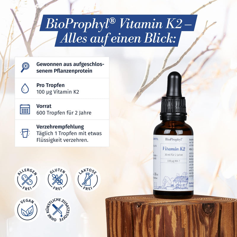 BioProphyl® Vitamin K2 drops with 100 µg K2 from fermentative production dissolved in native olive oil - 600 drops - 100% vegan - NewNest Australia