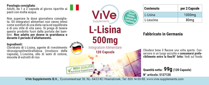 Lysine Capsules - 500mg - 120 Capsules - High Dose - Vegan | Quality from Germany from ViVe Supplements - NewNest Australia