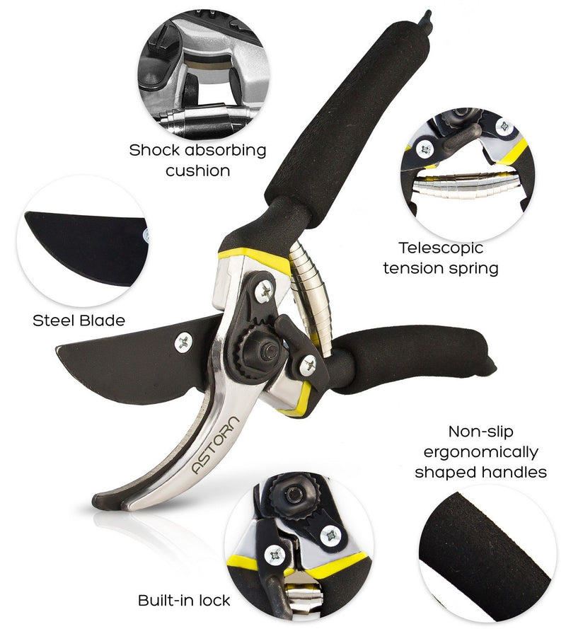 Astorn Bypass Pruning Shears for Garden Maintenance | Branch Clippers & Rose Pruning Shears | Hand Pruners with Ergonomic Handles, Shock-Absorbent Spring & Safety Lock | Gardening Scissors Set - NewNest Australia