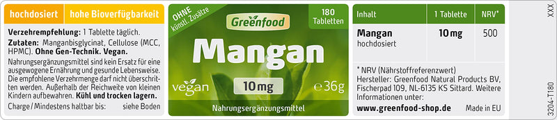 Greenfood Manganese, 10 mg, high dose, 180 tablets, vegan - for bones and connective tissue formation. WITHOUT artificial additives, without genetic engineering. 1.00 g (180 pack) - NewNest Australia