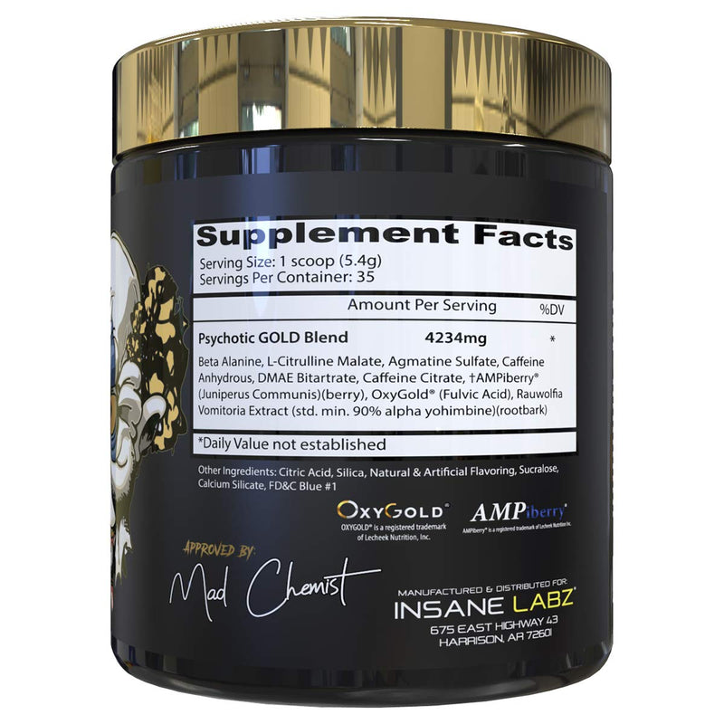 Insane Labz Psychotic Gold, High Stimulant Pre Workout Powder, Extreme Lasting Energy, Focus, Pumps and Endurance with Beta Alanine, DMAE Bitartrate, Citrulline, NO Booster, 35 Srvgs, Blue Punch - NewNest Australia