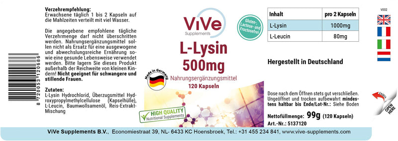 Lysine Capsules - 500mg - 120 Capsules - High Dose - Vegan | Quality from Germany from ViVe Supplements - NewNest Australia