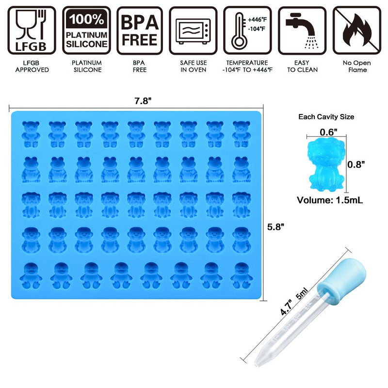 NewNest Australia - Silicone Candy Gummy Bear Molds - Chocolate Molds Including Bears, Frogs, Lions, Monkeys, Penguins Gummie Molds Premium Silicone BPA Free, Pinch Test Approved Pack of 4 with 2 Droppers 