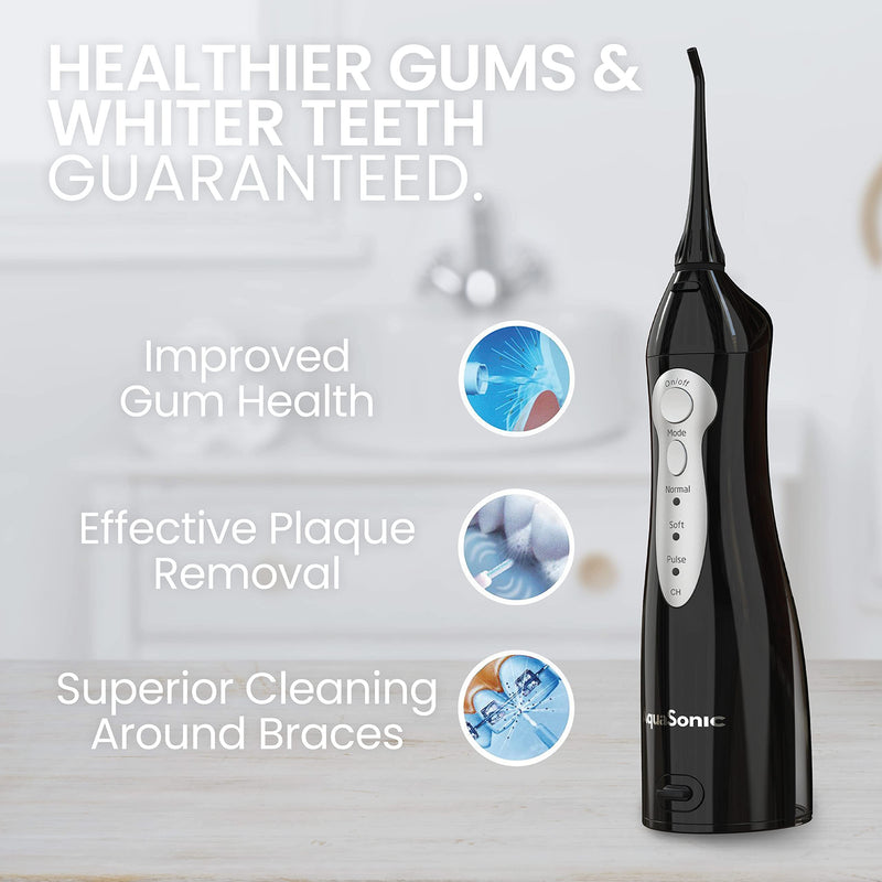 Aquasonic Aqua Flosser - Professional Rechargeable Water Flosser with 4 Tips - Oral Irrigator w/ 3 Modes - Portable & Cordless Flosser - Kids and Braces - Dentist Recommended Black - NewNest Australia