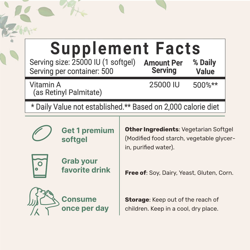 Maximum Strength Vitamin A 25000 IU, 500 Softgels (18 Months Supply) with Virgin Sunflower Seed Oil for Better Absorption, Supports Healthy Vision, Growth & Reproduction, Non-GMO & Easy to Swallow - NewNest Australia