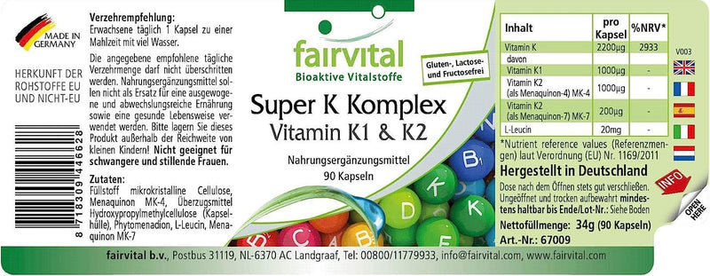 Fairvital | Vitamin K complex - Super K with vitamin K1 & K2 MK-7-2200µg vitamin K per capsule - HIGH DOSE - Phytomenadione + Menaquinone MK-7 - VEGAN - 90 capsules - NewNest Australia