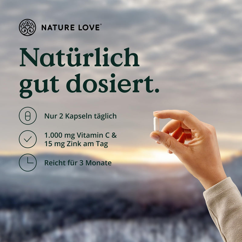 NATURE LOVE® Vitamin C Buffered & Zinc - 180 capsules - high dosage: 1,000 mg vitamin C + 15 mg zinc - fermentation of corn, pH-neutral, acid-free - laboratory tested, vegan and produced in Germany - NewNest Australia