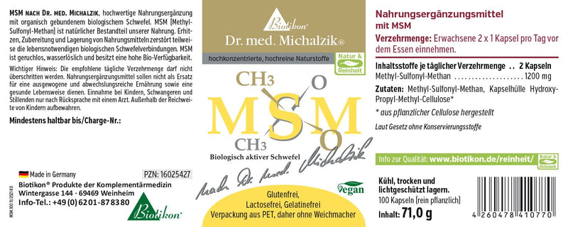 MSM Dr. med. Michalzik | Daily dose - high-quality organically bound sulfur [1200mg] | 100% pure methyl sylfonyl methane - 100 capsules - without additives - from BIOTIKON® - NewNest Australia