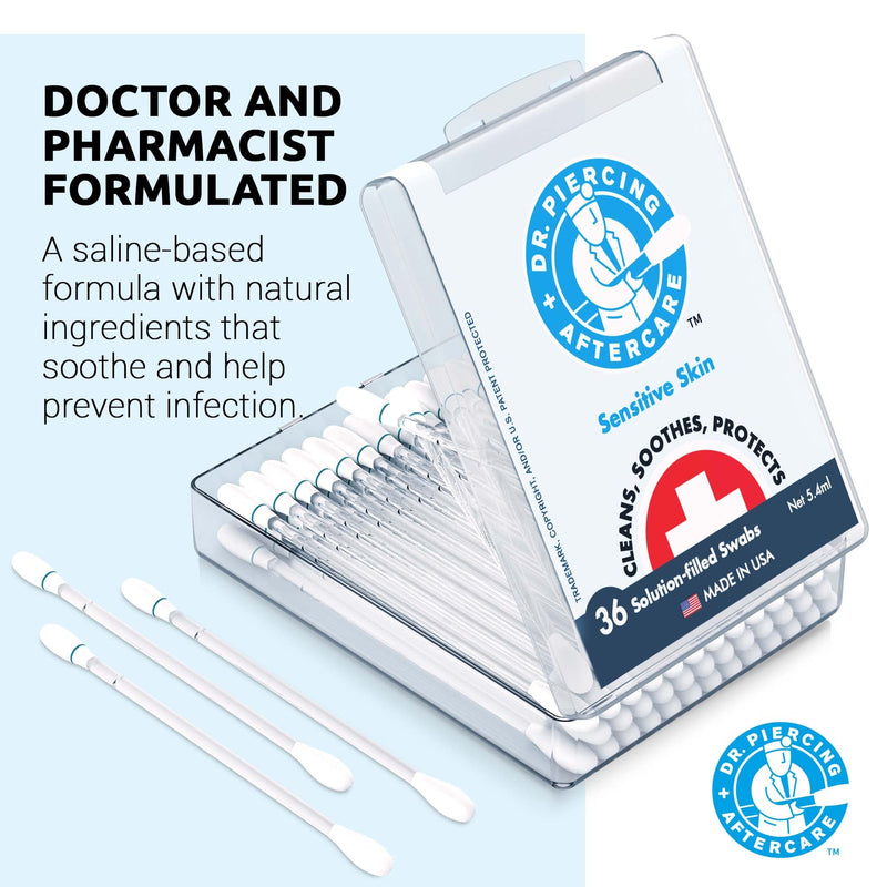 Dr. Piercing Aftercare Sensitive Skin Swabs - Natural Saline-Based Cleaning Solution - Helps Cleanse, Soothe Ear, Nose, Belly Button, Body Piercing Wounds - Clean Storage & Travel Case With 36 Swabs - NewNest Australia