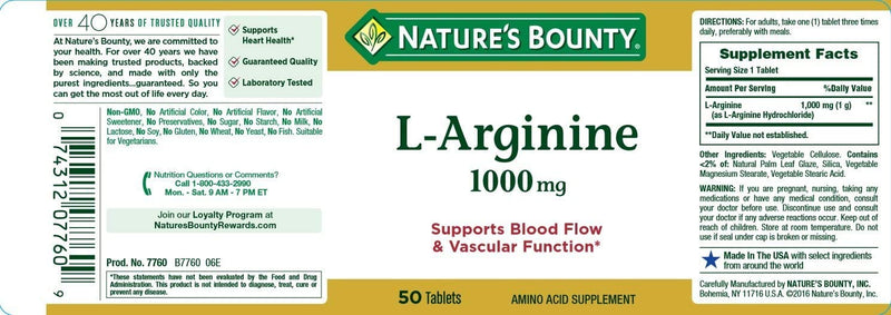 Nature's Bounty L-Arginine 1000 mg, 50 Tablets - NewNest Australia