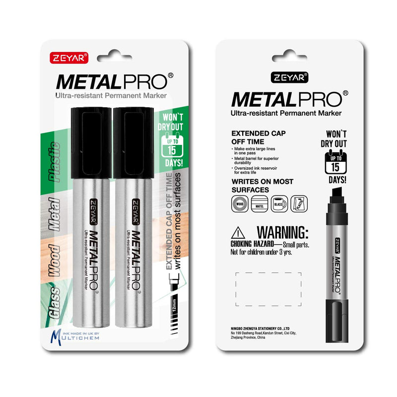 ZEYAR Permanent Markers, JUMBO Size, Aluminum Barrel, Set of 2, Premium Waterproof & Smear Proof Markers, Quick Drying (Black) Black - NewNest Australia