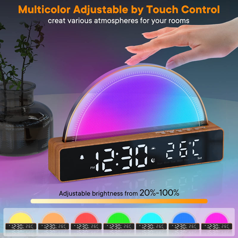 Sunrise Alarm Clock, Wake Up Light with Sunrise Simulation, White Noise Machine, Touch Control Bedside Lamps Dimmable Multicolor Night Light, 10 Nature Sounds, Snooze/Timer/Temperature Display Wooden - NewNest Australia
