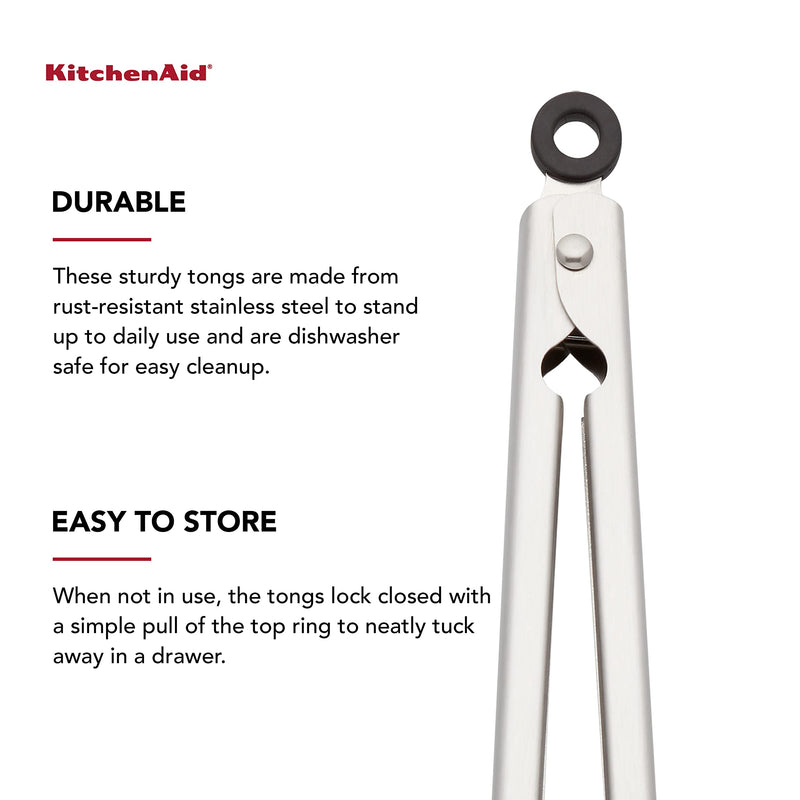 KitchenAid Gourmet Stainless Steel Serving Tongs with Hang Hook and Secure Closing Lock, 9 Inch, Stainless Steel - NewNest Australia