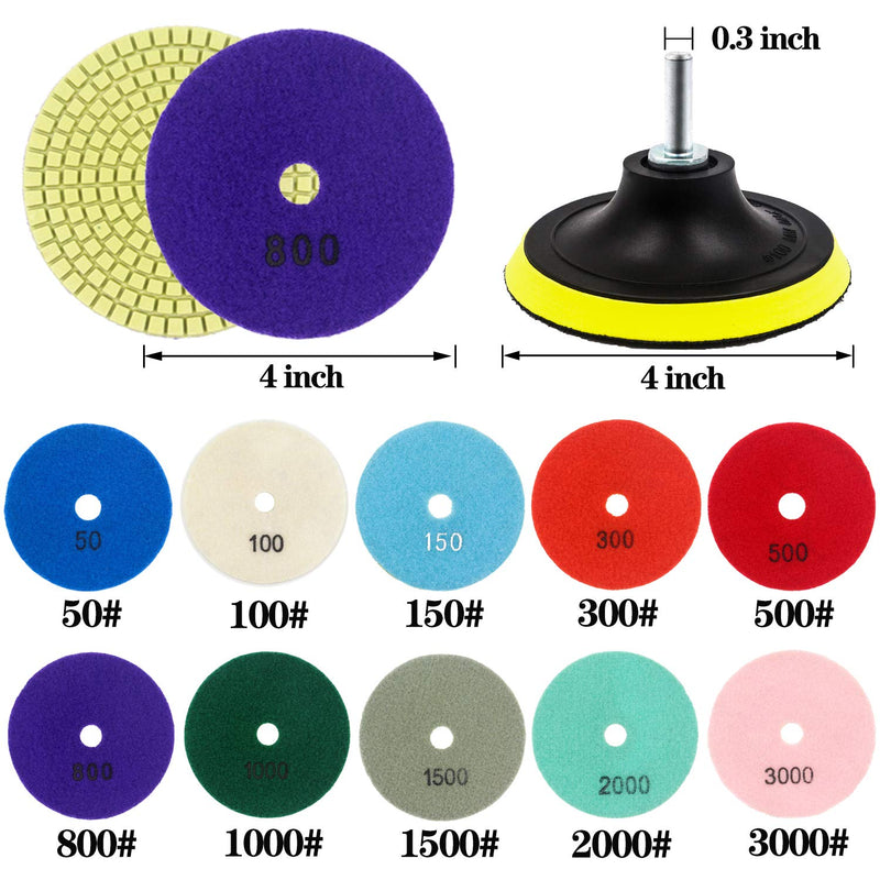 Tanzfrosch 12 Pack 4 inch Diamond Polishing Pads Set Wet/Dry Polishing Kit 10pcs 50#-3000# Grit Pads with 2pcs Hook and Loop Backer Pads for Granite Stone Concrete Marble Floor Grinder or Polisher - NewNest Australia