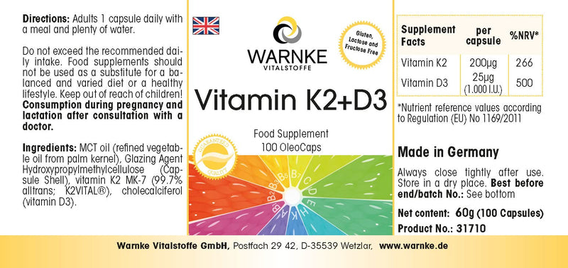 Vitamin K2 + D3 200µg / 1000 IU - 100 OleoCaps capsules from our own production - Original K2VITAL® 99.7% all-trans K2 MK-7 - German pharmacy quality - high dosage | Warnke vital substances - NewNest Australia