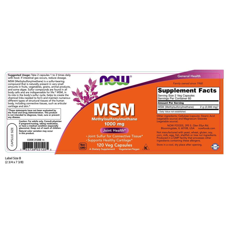 NOW Supplements, MSM (Methylsulfonylmethane) 1,000 mg, Joint Health*, 120 Veg Capsules - NewNest Australia