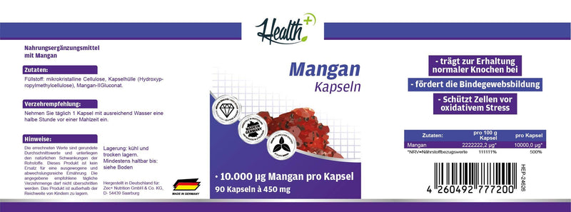 Health+ Manganese - 90 capsules with 10 mg manganese gluconate per capsule, valuable trace element, Made in Germany - NewNest Australia