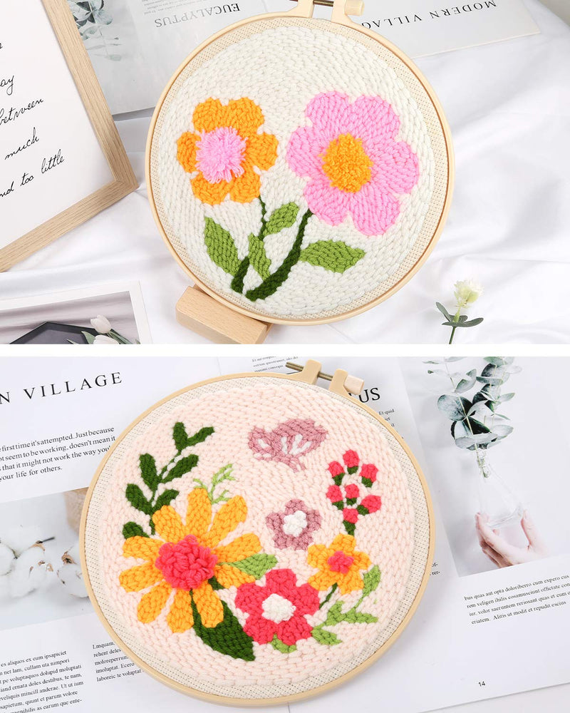 Pllieay 2 Set Punch Needle Embroidery Starter Kits Include Instructions, Punch Needle Fabric with Pattern, Yarns, Embroidery Hoops for Rug-Punch & Pinch Needle Flowers - NewNest Australia