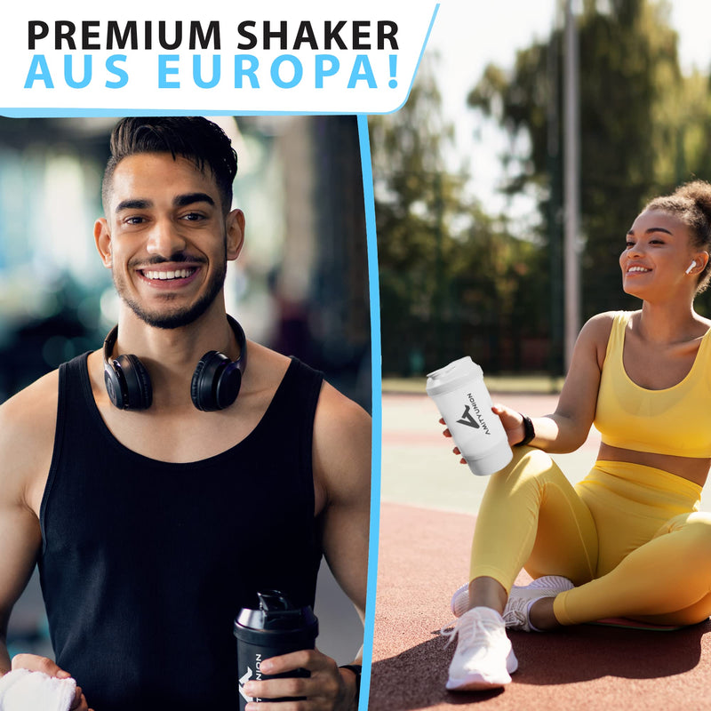 Protein shaker 700 ml “FYRA” leak-proof - BPA free with powder compartment & sieve and scale for creamy whey protein shakes, shaker protein shake, protein shaker cup for Bcaa and gaming booster in black - NewNest Australia